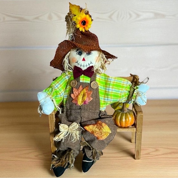 Fall Scarecrow Sitting on a Wooden Bench with a Pumpkin Autumn Scene Fall Decor - Picture 7 of 7